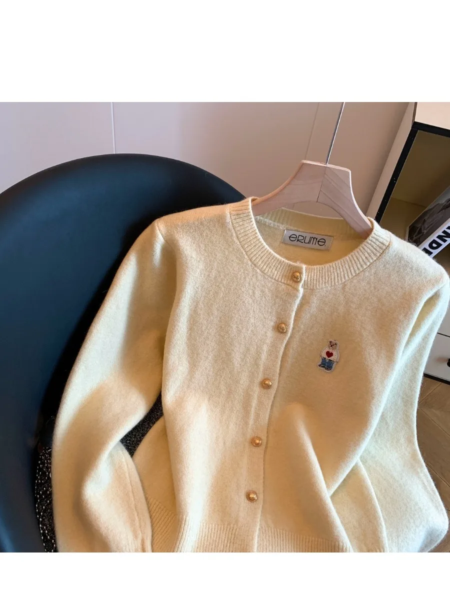 Anti-Aging Bear Embroidery Sweater Cardigan Women's Autumn Winter Single Button round Ne Casual Long Sve Sweater Jaet