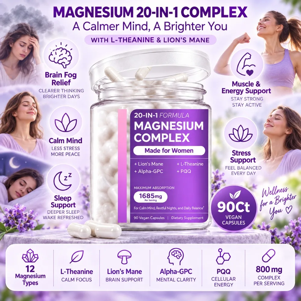 Magnesium 20-in-1 Complex Brain Fog Relief, Calm Mind, Sleep, Stress, Muscle & Energy Support with L-Theanine & Lion's Mane 90Ct