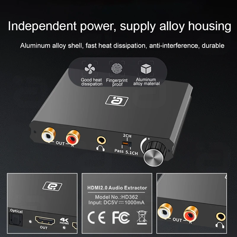 Imagem -05 - Extrator de Áudio 4k 60hz Cec Spdif Óptico 5.1ch 600600fone de Ouvido Amplificador Decodificador Apoio Divisor Controle Volume Dtc Ac3 Hdmi2.0