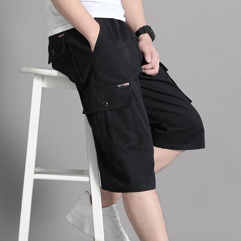 

Men's Clothing Pockets Solid Color High Waisted Button Elastic Casual Summer Straight Knee Pants All-match Comfortable Shorts