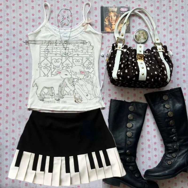 Vintage Y2k  Black White Piano Skirt Women Design Hepburn Summer Harajuku Mini Skirt Female Fashion Hot Girl New Retro Clothing