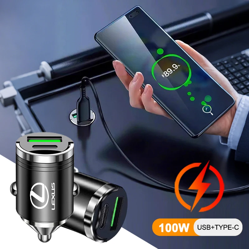 

100W Mini Car Charger Lighter Fast Charging USB Type-C Dual Port Invisible For Lexus GX470 LX470 LX570 RC350 UX250h ES350 RX450h