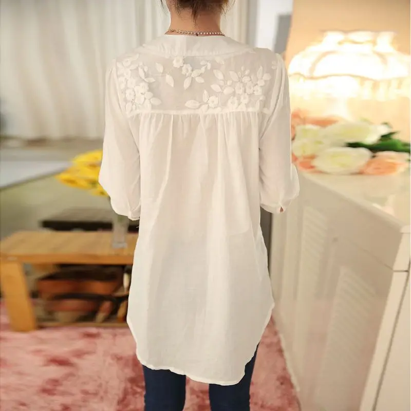 Casual Stylish Floral Embroidery Midi Blouse Summer Loose Half Sleeve All-match Female Hollow Out Elegant V-Neck Button Shirt