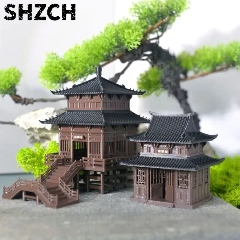 Retro Architecture Ornaments Pavilions Chinese Style Ancient 3D Printing Micro Landscape Bonsai Flower Pot Decoration Tower ZF31