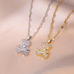 Fashion Bear Necklace Cute Zircon Bear Pendant Stainless Steel Chain Jewelry Gifts for Women Girls Daily Party Accessories