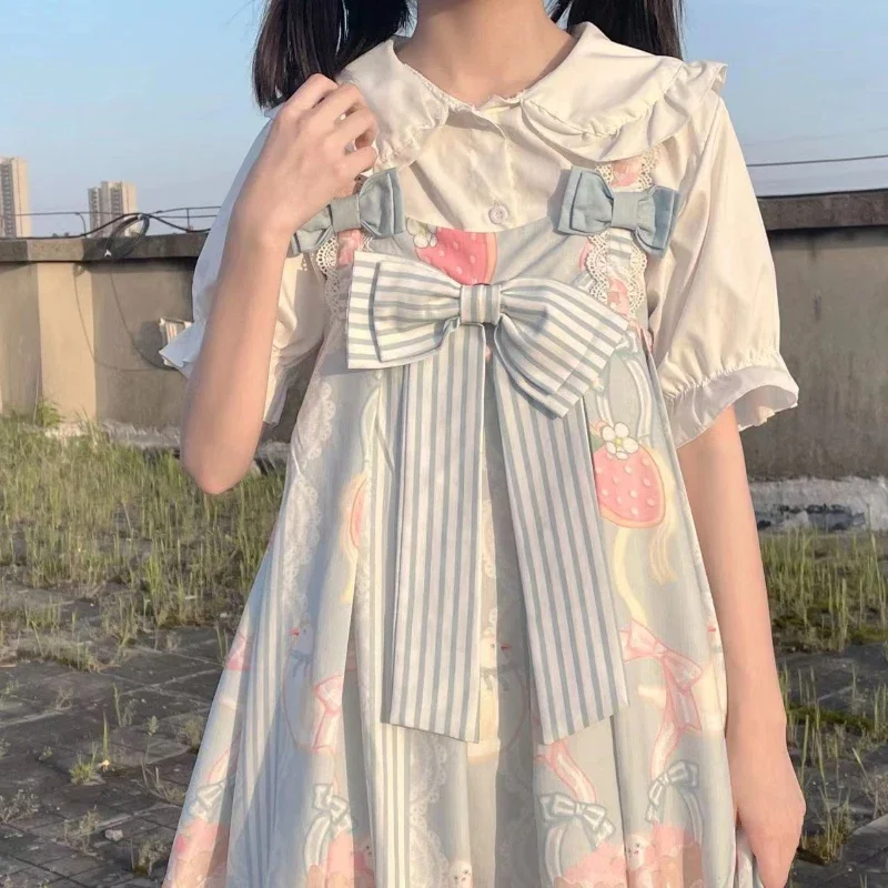 

Short Sleeve Solid Color Top Printed Slip Dress 2025 Lolita Japanese Sweet and Fresh Bow Lace Women's Mid Length Dress fgrr