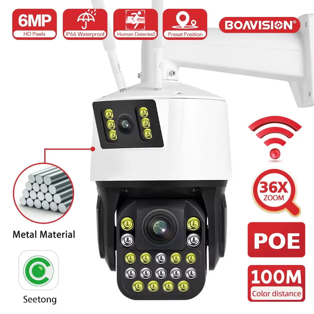 Seetong APP WIFI POE PTZ Camera 36X Zoom HD 6MP Dual Lens Dual Screens AI Auto Tracking Audio Outdoor Surveillance Camera