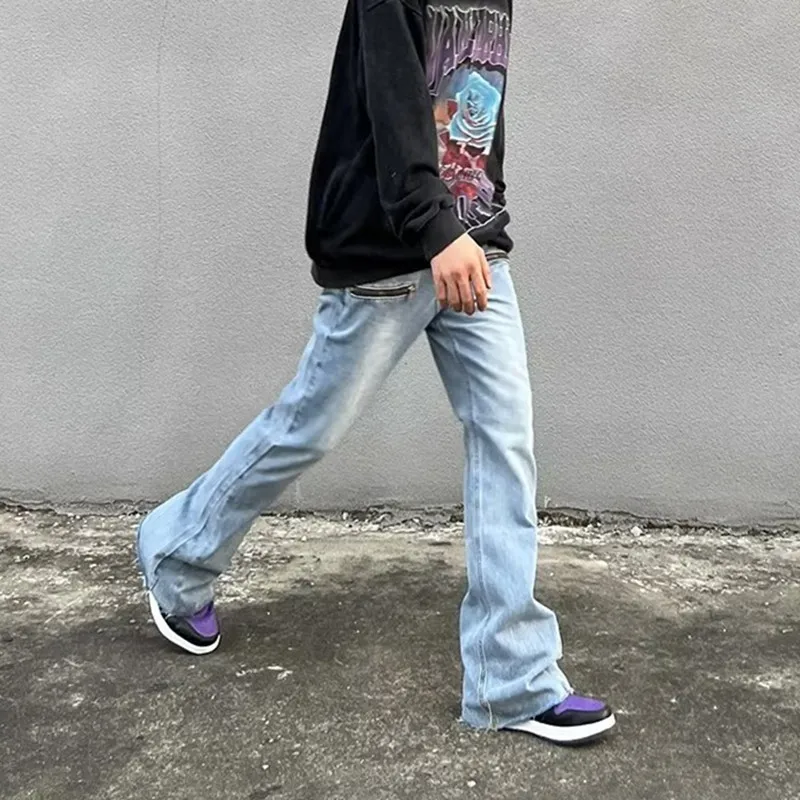 2023 Y2K Fashion Zipper Retro Washed Baggy Flare Jeans Pants Men Streetwear Hip Hop Wide Leg Straight Denim Trousers Ropa Hombre