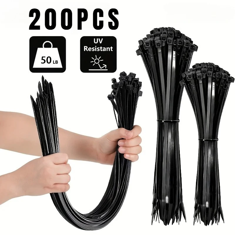 Attaches de câble noires, 200/100 pièces, haute résistance à la traction, résistantes aux UV, autobloquantes pour la gestion des câbles de la maison et du bureau