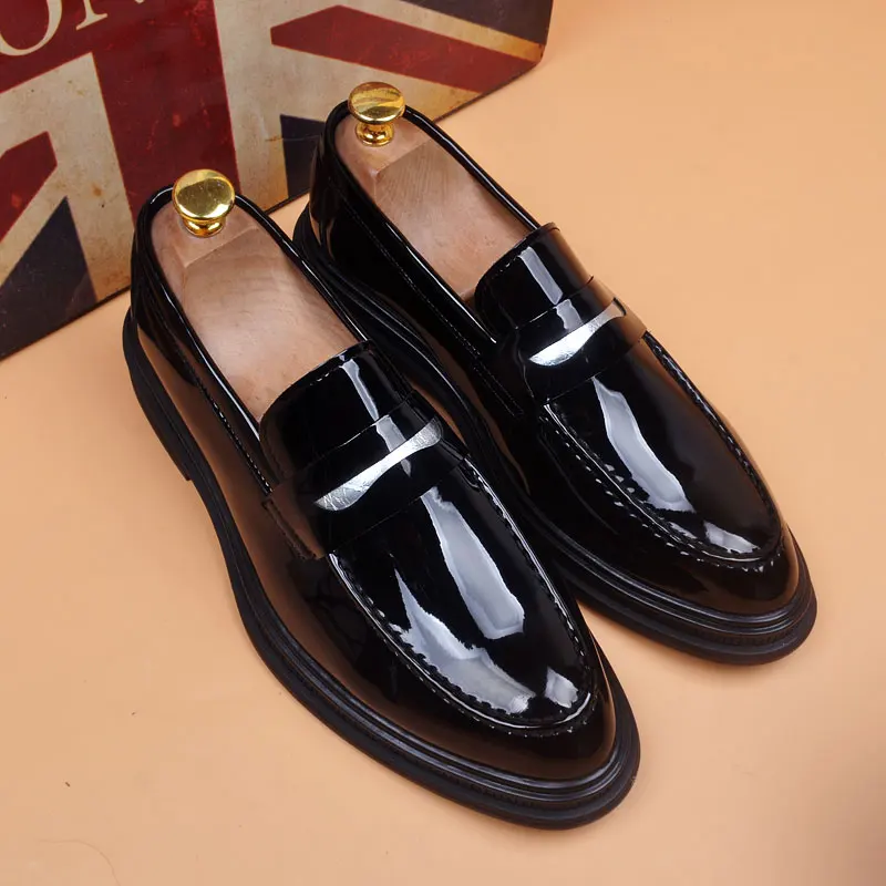 men fashion patent leather shoes slip-on driving shoe business wedding formal dress black stylish brand designer loafers zapatos