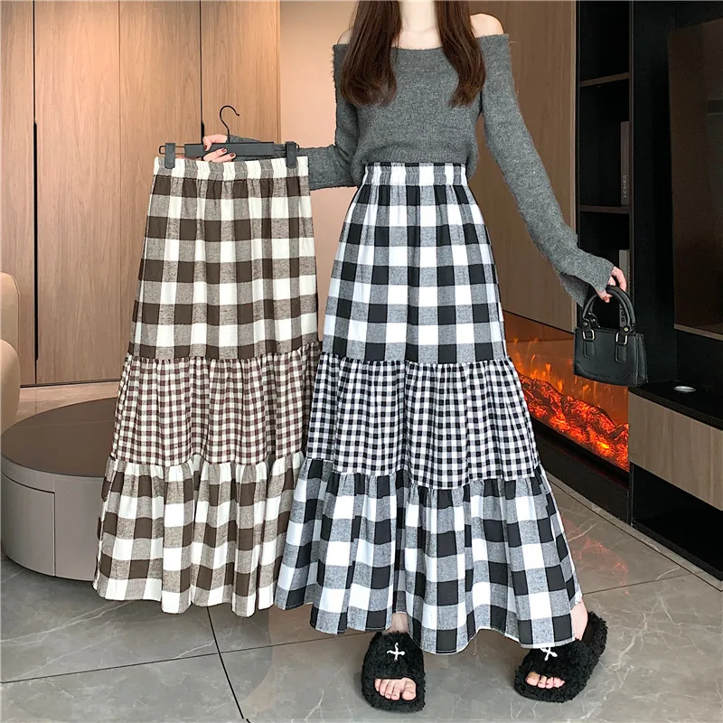 

2025 New Spring Retro High waist Plaid Long Maxi Skirt For Women Korean Fashion Elastic Waist Patchwork Ropa Mujer