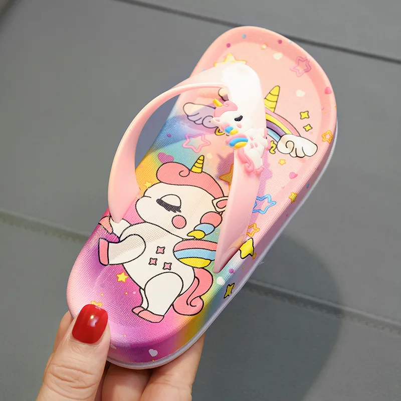 Niedliche Einhorn-Flip-Flops für Mädchen, 2022, Sommer, für den Innenbereich, Zuhause, Bad, rutschfeste Sandalen, Kinder, Prinzessin, zum Aufstecken, flache Strandschuhe, Hausschuhe