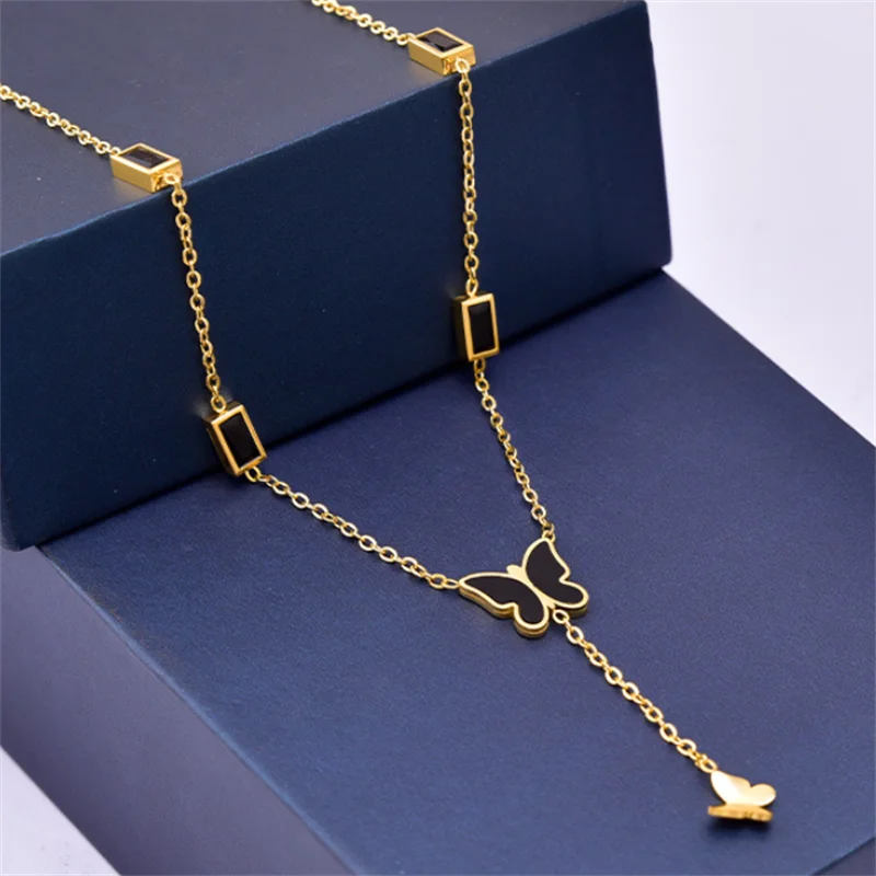 316L Stainless Steel New Fashion Fine Jewelry Embedded Zircon Welded Butterfly Charms Chain Choker Necklaces Pendants For Women