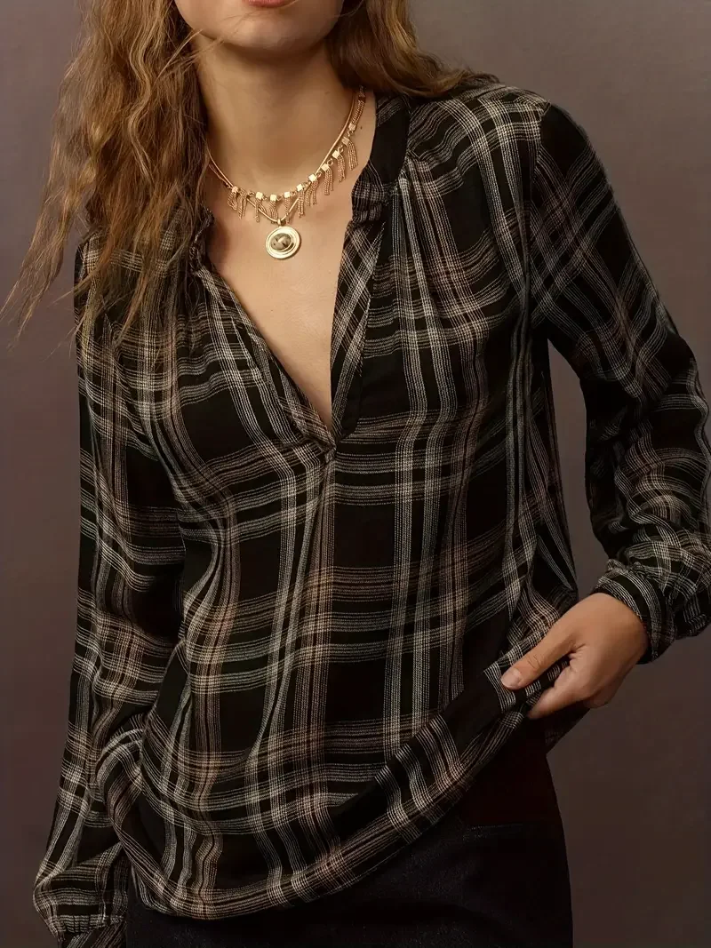 

Women's Summer Fashion Spring Plaid Long Sleeved Elegant Shirt Top Ladies Lapel Casual Office Lady Shirt Blouse