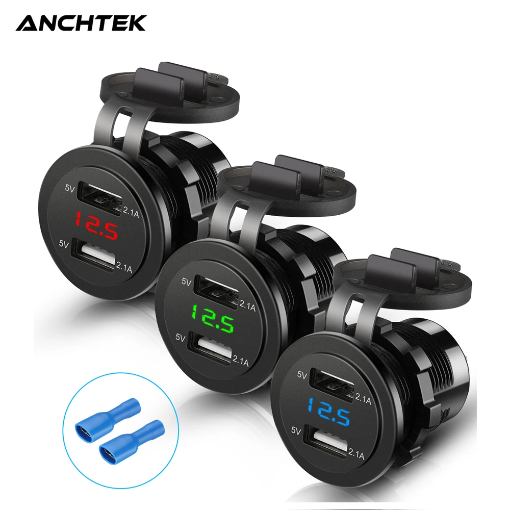 Anchtek 듀얼 USB 차량용 충전기 전원 소켓, LED 전압계, 모토 자동 분배기 어댑터, 휴대폰용, 4.2A