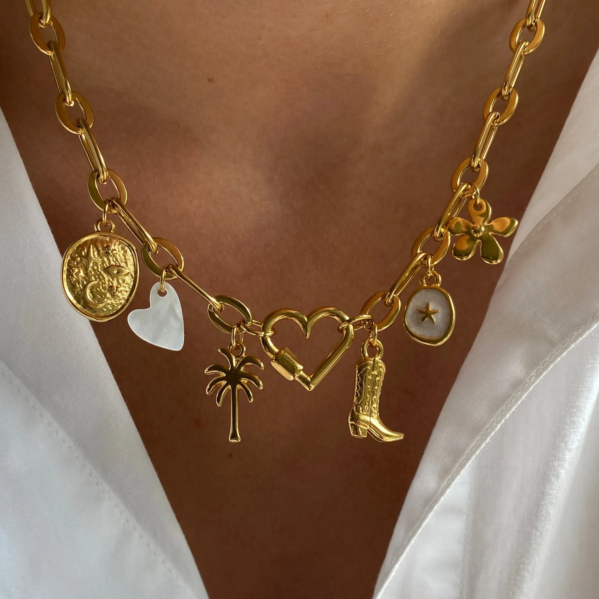 European American Style 18K Stainless Steel Necklace Link Chain Independent Star Heart DIY Pendant Fashion Boots Furnace Vacuum
