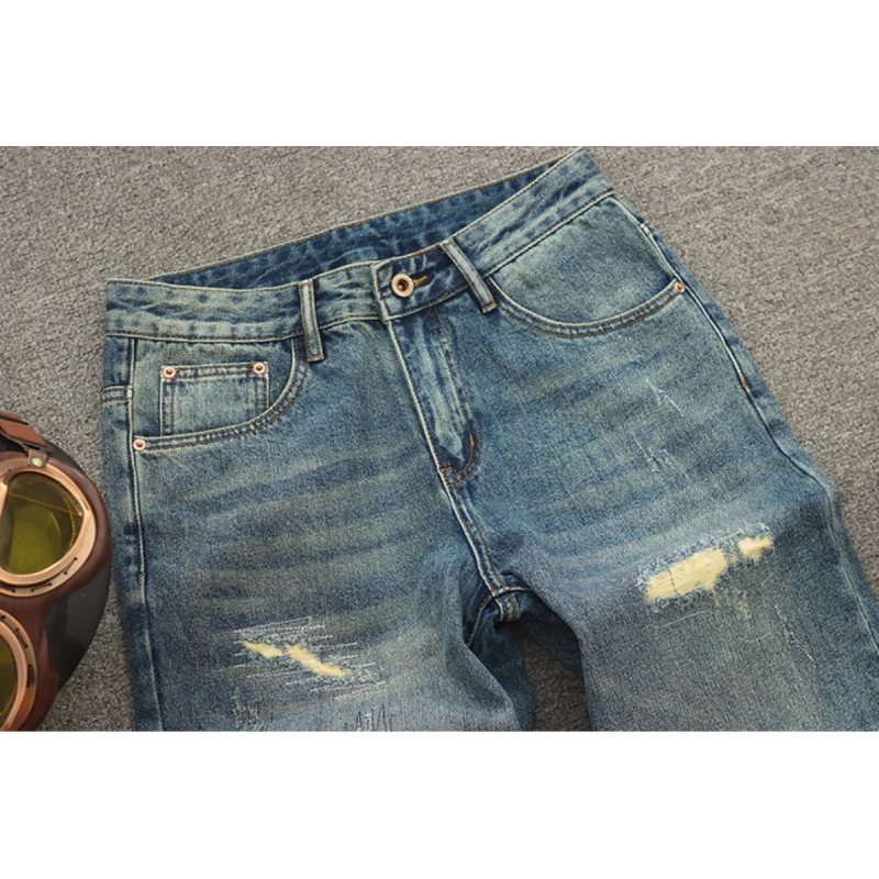 Pantalones vaqueros con parches rasgados retro, informales y geniales, a la moda, estilo coreano, pantalones nostálgicos de calle sueltos de pierna recta para hombre