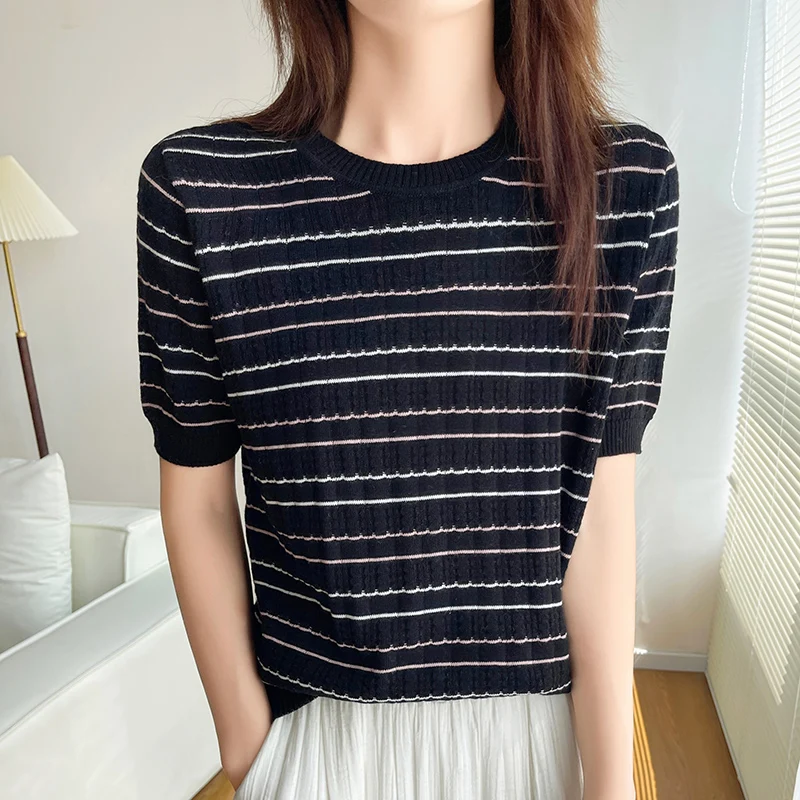 Women\'s New Summer T-shirt 100% Cotton Sweater Short Sleeve Casual Stripe Knitted O-Neck Pullover Loose Soft Baida Top T-shirt