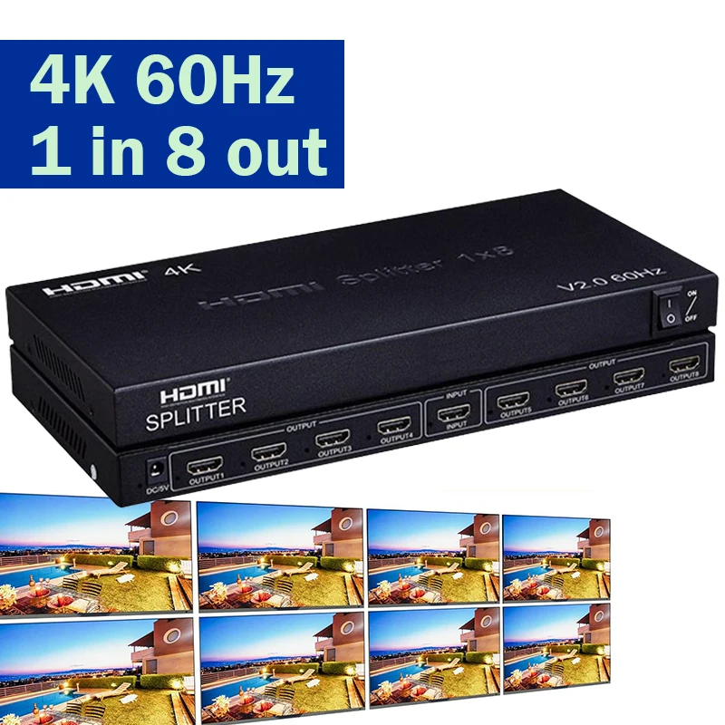 8 Port HDMI Splitter 4K 60Hz HDMI 2.0 Splitter 1 in 8 out Ultra HD Video Distributor Copy Screen Display for PC DVR Monitor TV