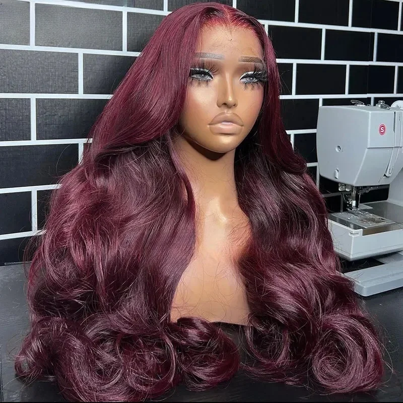 26 بوصة بورجوندي طبيعي 99j لينة طويلة 180 الكثافة غلويليس الاصطناعية الجسم موجة الدانتيل شعر مستعار أمامي للنساء Babyhair PrePlucked #1