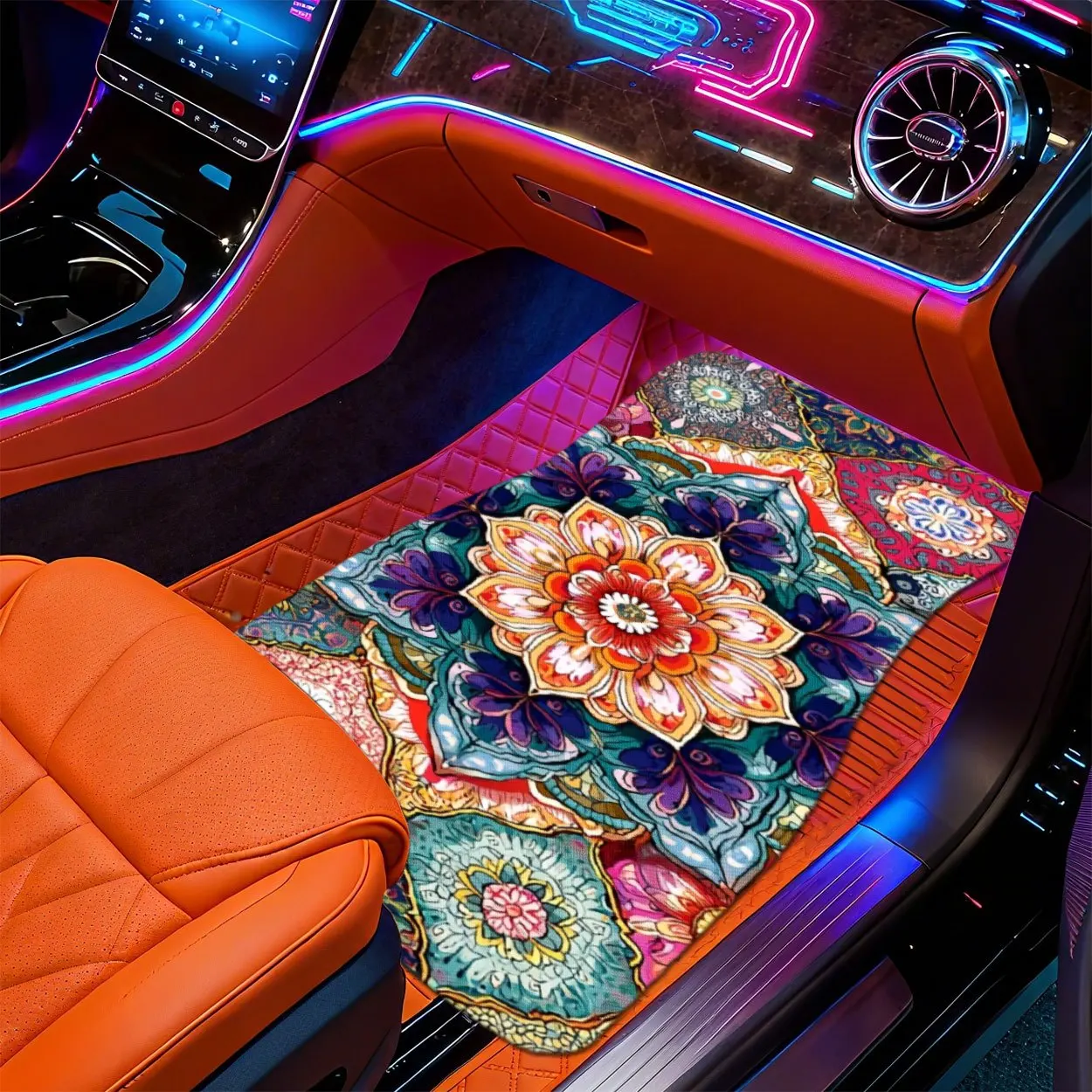 2D Flat, 4pcs Bohemian Style, Multicolor Floral Geometric Pattern Car Floor Mats - Fits Multiple Car Models, Easy To Clean, Dura