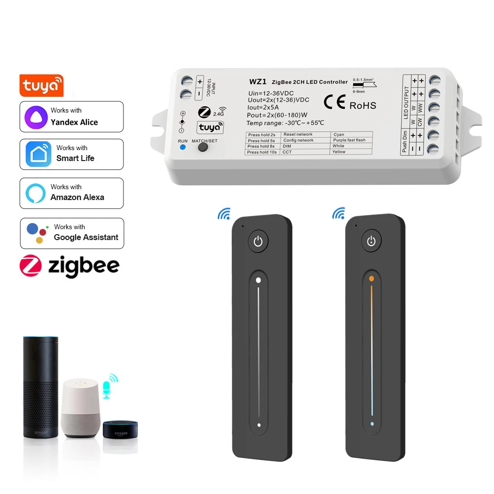 ZigBee RF 2CH kontroler LED aplikacja głosowa Smart ściemniacz 12V 24V 36V LED pasek ściemniania zestaw bezprzewodowy 2.4G RF pilot zdalnego