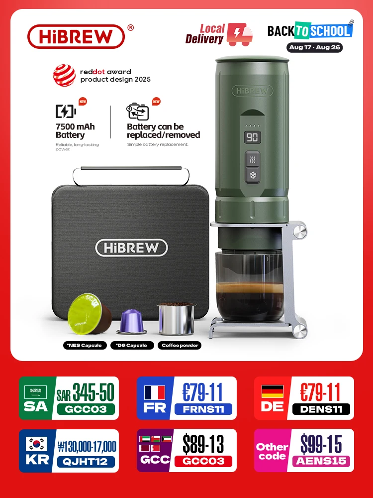 HiBREW H4C Tragbare Espresso-Kaffeemaschine 3-in-1 Reise-Kaffeebereiter 7500mAh Lithium-Akku Selbsterhitzend Ns DG Kapsel & Gemahlen