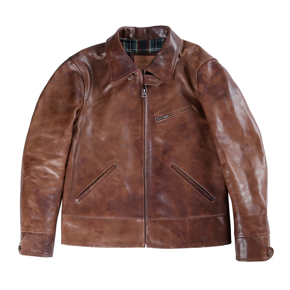 YR!Free shipping.Brand luxury tea core horsehide jacket,1930 Brown leather clothes,Man quality Vintage genuine leather coat,