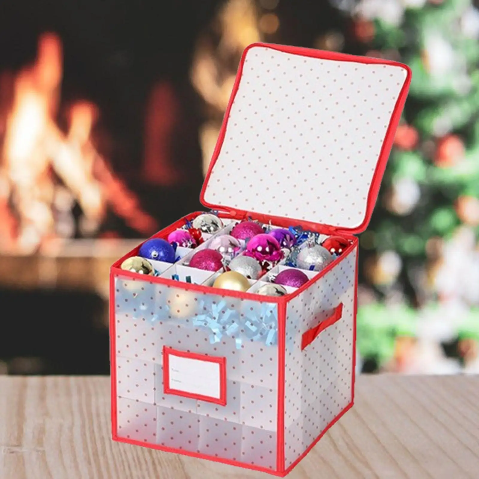 Christmas Ornament Storage Box Protective Compartment 64 Grids Zippered Closure Two Handles Xmas Storage Container for Figurines