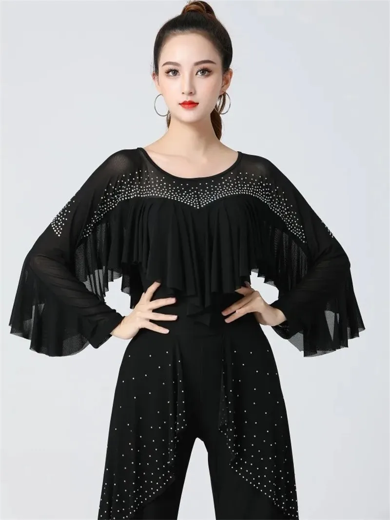 Woman Tops Latin Costume Ruffle Ballroom Pole Dance Clothing Ballet Standard Elegant Modern Festival Outfit Jazz Street Shirt - Image 2