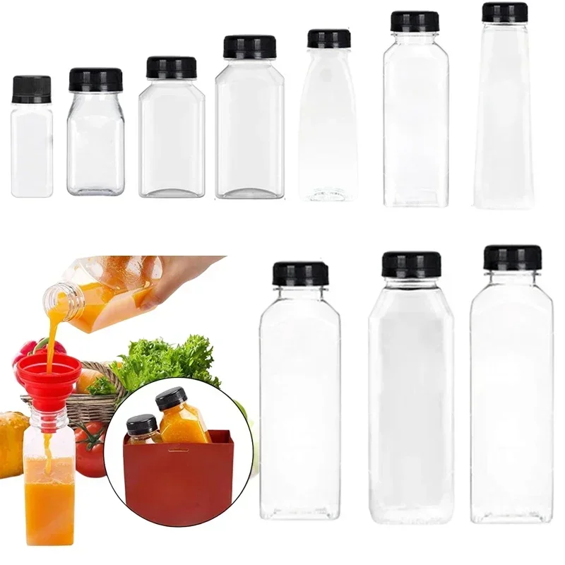 10pcs 60-500ML Empty Clear Plastic Bottles with Caps Reusable Water Bottle Juicing Smoothie Smoothie Containers W/Folding Funnel