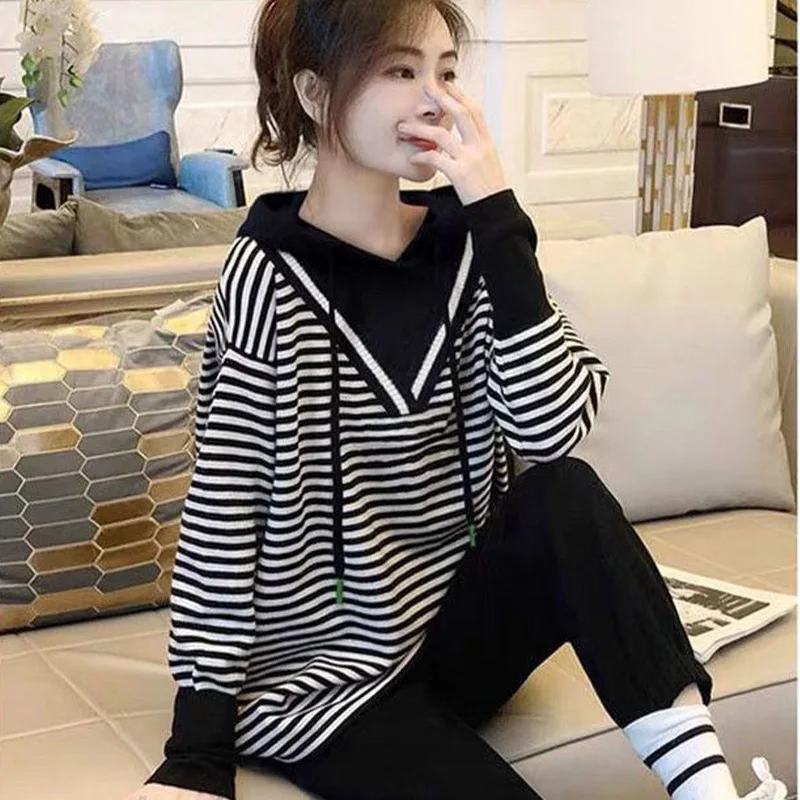 Unique Splicing Stripes Long Sleeved Women\'s Hoodie Spring Autumn Korean Version Casual Versatile Patchwork Trendy Top for Women