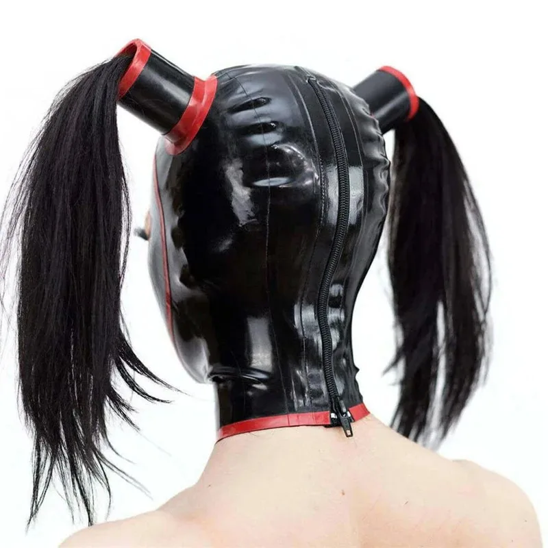 Резиновая маска с латексным капюшоном и двумя трубками с косичками и контрастной отделкой для комбинезона, косплея, вечерние черные парики hjk.5