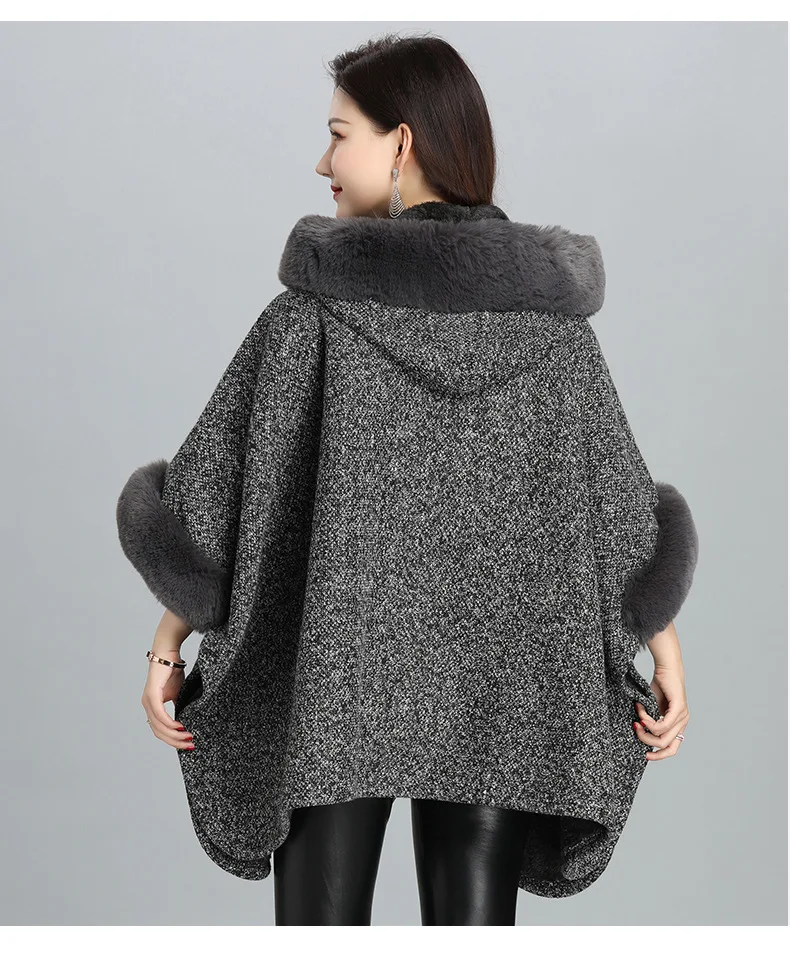 2024 Women Faux Fur Neck Knitted Overcoat With Hat Winter Warm Thick Batwing Sleeves Horn Buckle Loose Cloak Velvet Poncho Capes