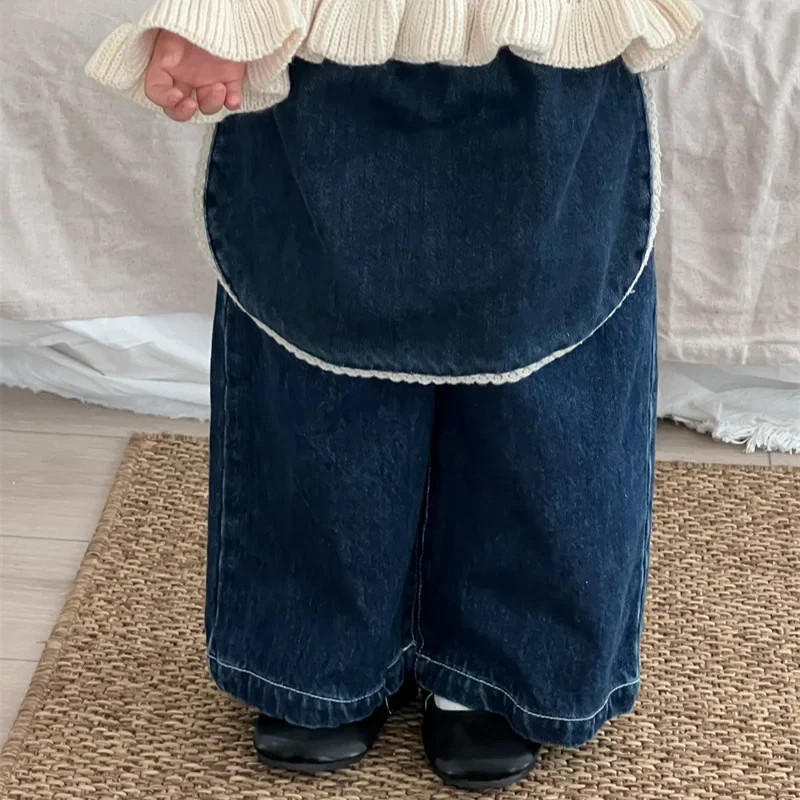 Girls Suit 2024 Autumn New Childrens Wear Korean Girl Baby Lace Farts Curtain Denim Wide-leg Pants Two-piece Set Casual Simple