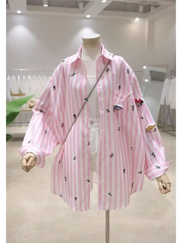 Extra Large 300 Pou Cartoon Embroidery Loose Striped Women's irt Trendy  Collar Breathable Cotton Polyester Blend