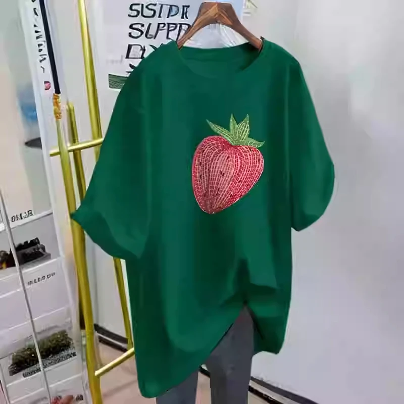 Summer Women's Short Sleeve Top Strawberry Printed O-neck T-shirt Korean Loose Versatile Cotton Couple's Tees Oversized S-3XL ﻿