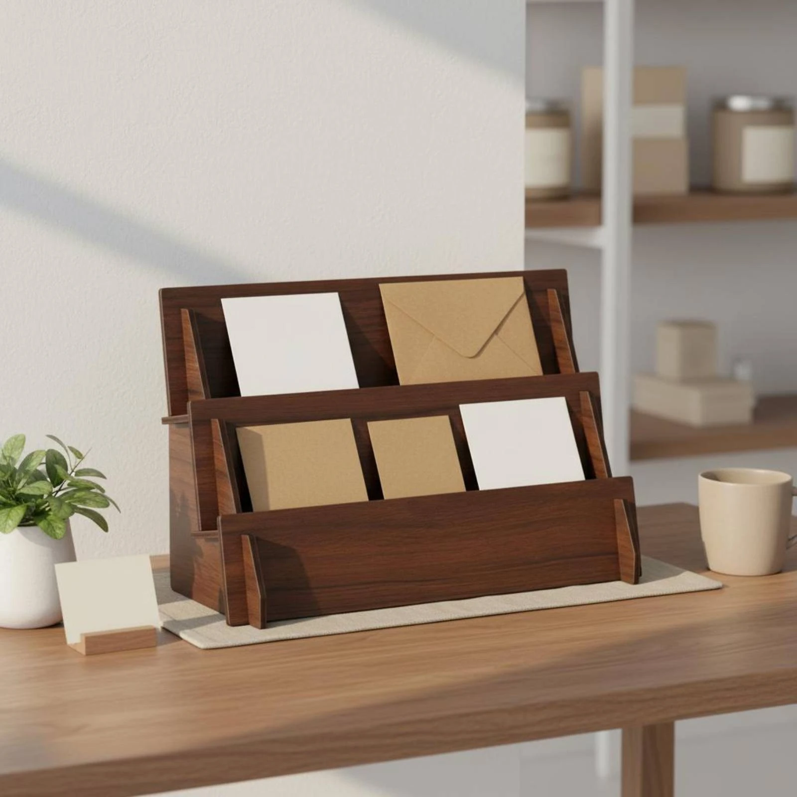 Greeting Card Display Rack Stepped Shelves Card Display Rack Wooden Postcard Holder Wood Grain Shop Equipment Multi-Tier