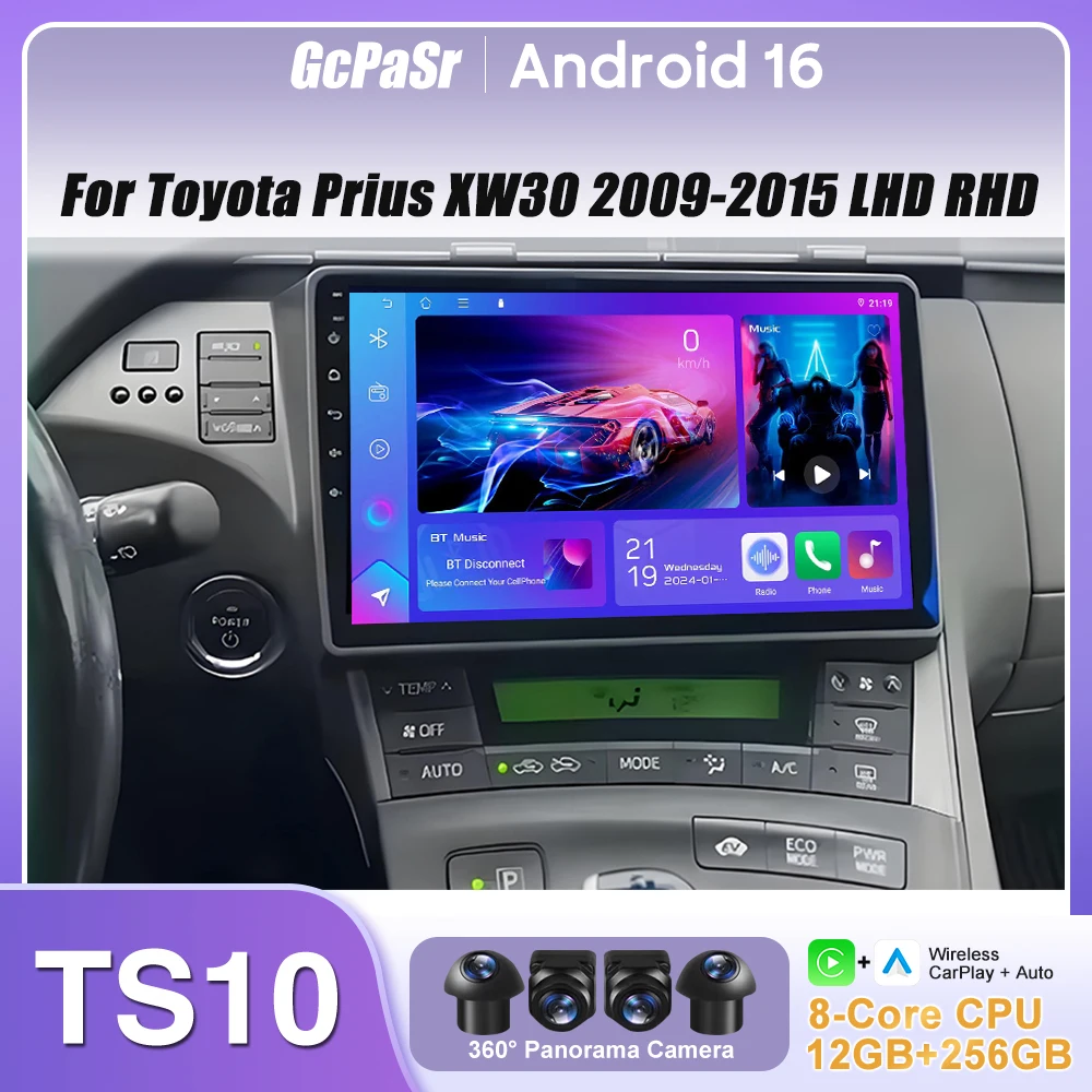 For Toyota Prius XW30 2009-2015 LHD RHD Car Radio  Carplay Android 16 Display GPS Navigation Android 15 Android Auto 2K No 2din