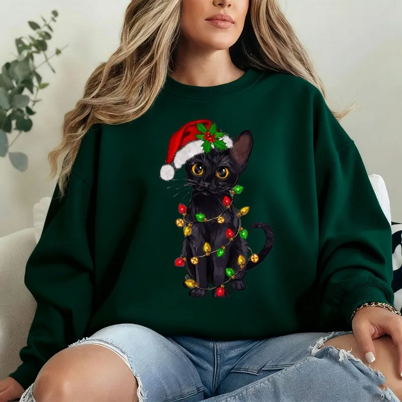 عيد الميلاد سترة القطة السوداء، قميص أضواء عيد الميلاد القط الأسود، قميص عيد الميلاد هريرة عطلة القط عاشق المحملة الهدايا الحرارية هوديي #5