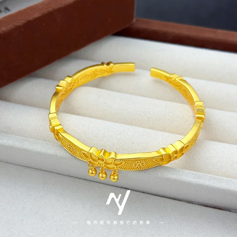 

Women's bracelet 9999 24K Real Gold Open Lotus Lobble Ball Bracelet New Chinese Style Design Flower Bracelet