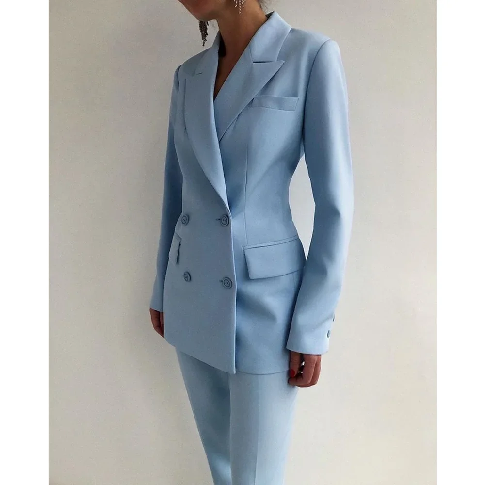 High-end Sky Blue Woman Suits Slim Fit Fashion Peak Lapel Double Breasted Pants Sets Casual Office Lady Blazer with Pencil Pants