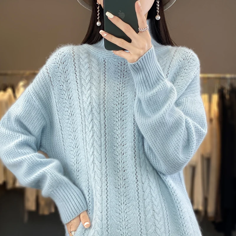 DjzDsm Autumn/Winter New 100% Mink Cashmere Women\'s Turtleneck Fashion Hollowed-Out Pullover Knit Base Long Sleeve Sweater