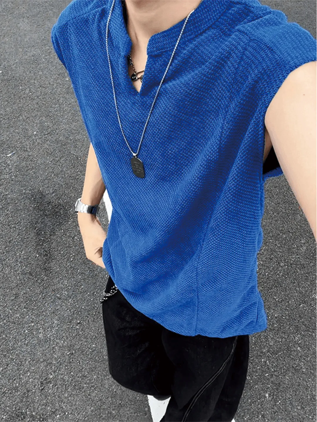 American Klein Blue Dragon Scale Pattern V-neck Vest Men's Summer Thin Breathable Sleeveless T-shirt Casual Sports Sweatshirt