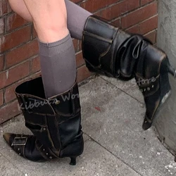 Vintage Pleated Knee High Boots Belt Buckles Pointed Toe Kitten Heels Luxury Leather Fashion Novelty Sexy Concise Women Shoes