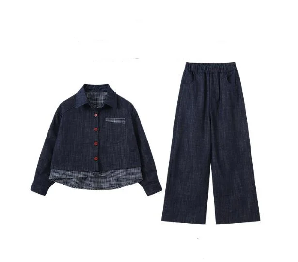 Teenager Girls Denim Sets Spring Autumn NewStylish Checkered Patchwork Tops +Loose Pants 2Pcs Kids Outfit Children Clothes Suit