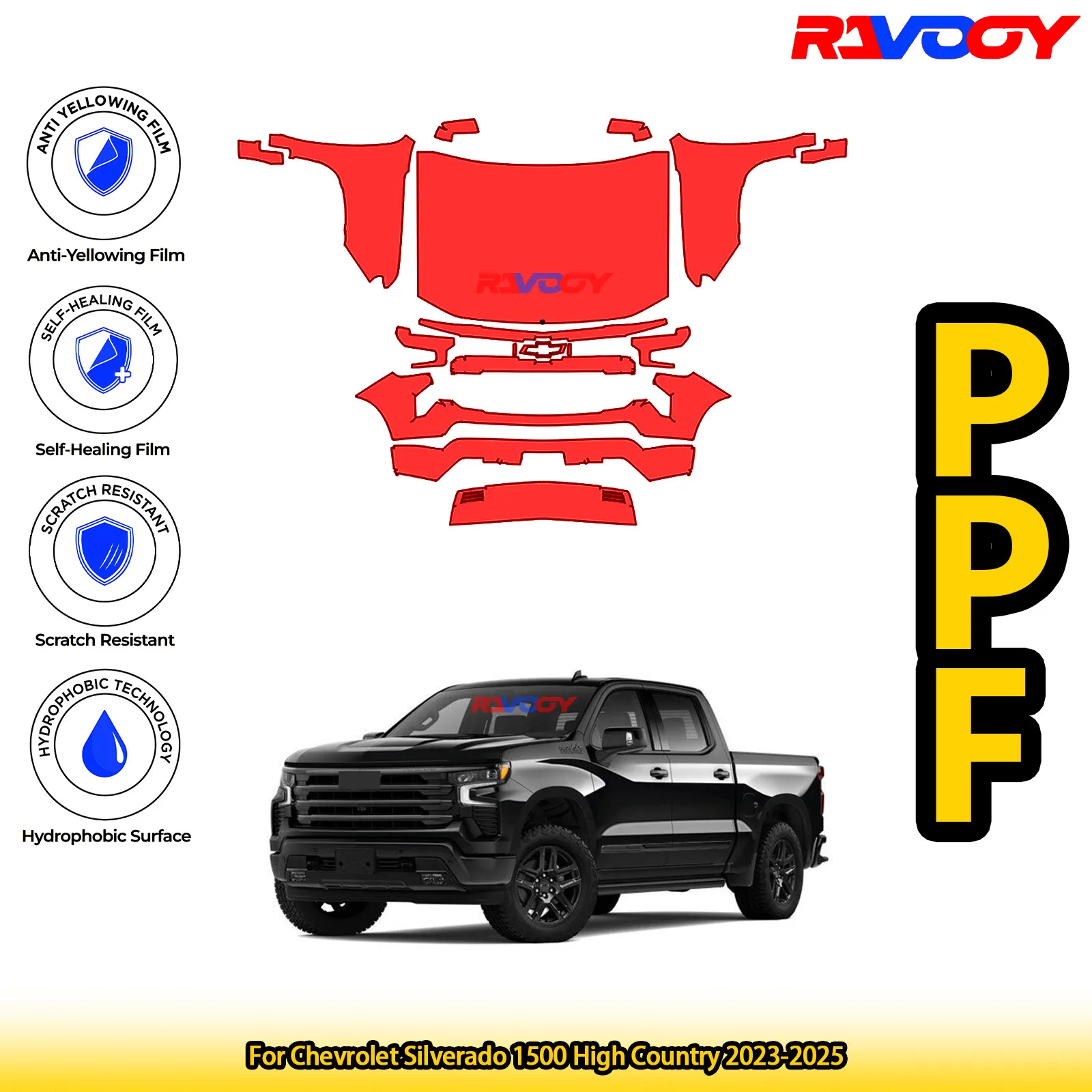 

For Chevrolet Silverado 1500 High Country 2023-2025 Glossy Matte Black Precut front PPF Kit Paint Protection Film