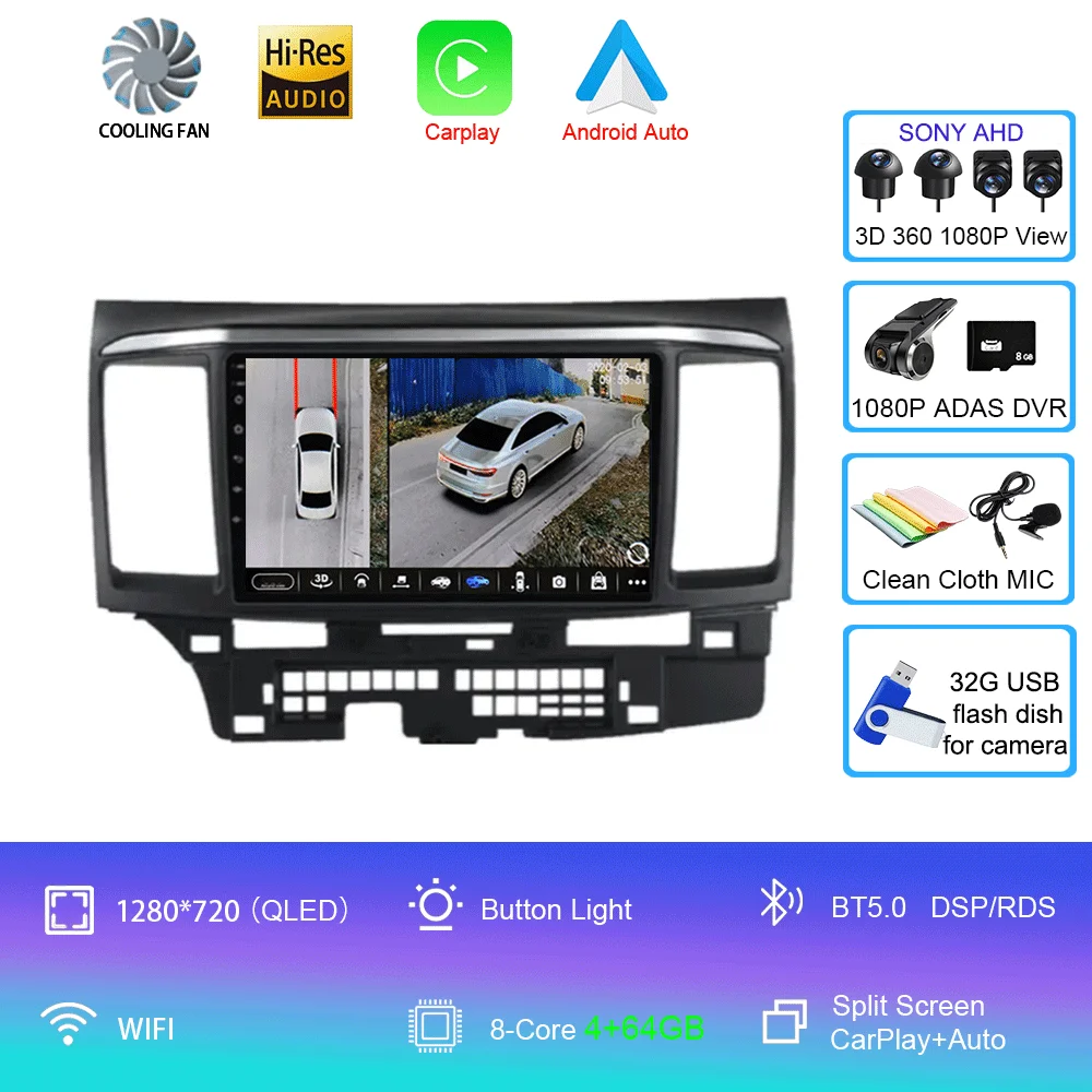 Voor MITSUBISHI LANCER 9 10 X 2008 2009 2010 2011 - 2016 9 inch Android 16 autoradio stereo audio GPS speler Carplay Auto scherm - afbeelding 1
