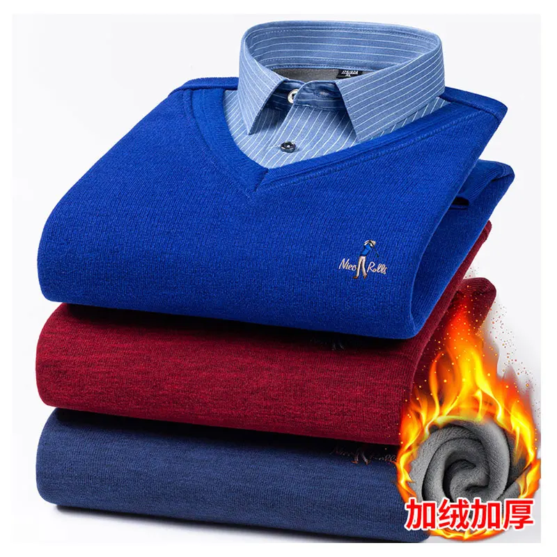 New autumn and winter thick men's shirt long sleeve high quality color matching warm leisure free ironing fashion slim