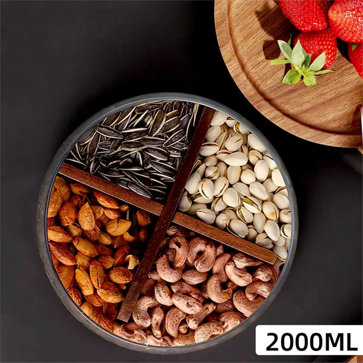 

Glass Food Storage Container with Wooden Lid Multi Compartment Snack Fruit Organizer Kitchen Living Room Desktop Serving